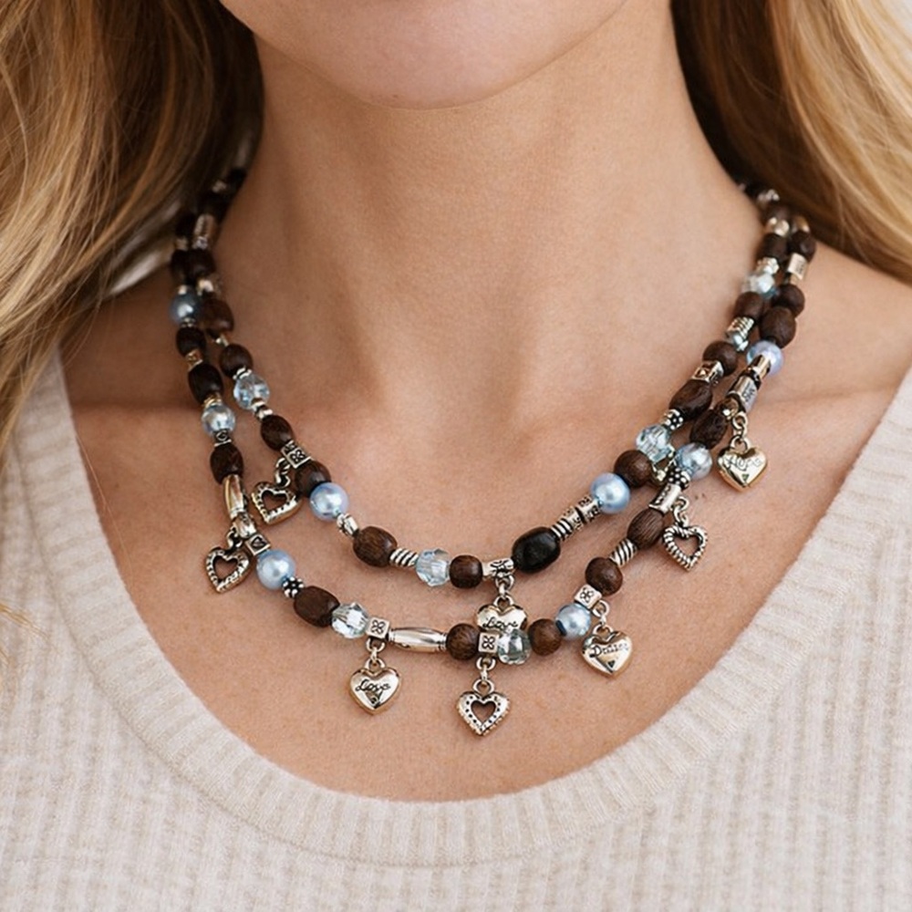 BRIGHTON Boho Heart Charm Necklace Pearl Crystal Silver Wood Beaded 16” + Ext